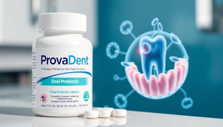 ProvaDent oral probiotic tablets with dental health visualization showing beneficial bacteria protecting teeth and gums